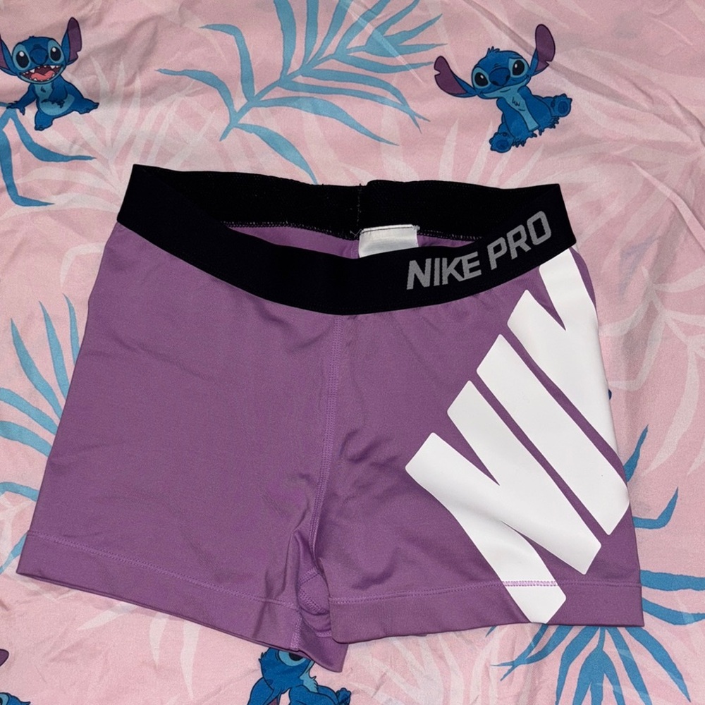 Nike Pro Purple Bike Shorts with Black Waistband and White Logo